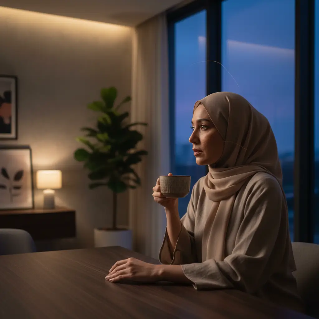 Malay mother reflecting in a quiet moment